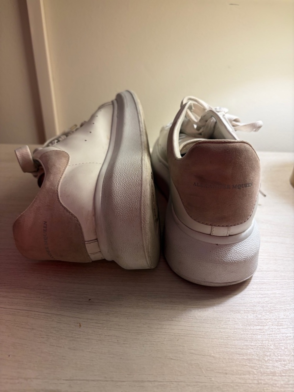 Alexander McQueen White Leather Sneakers with Blush Pink Suede Heel